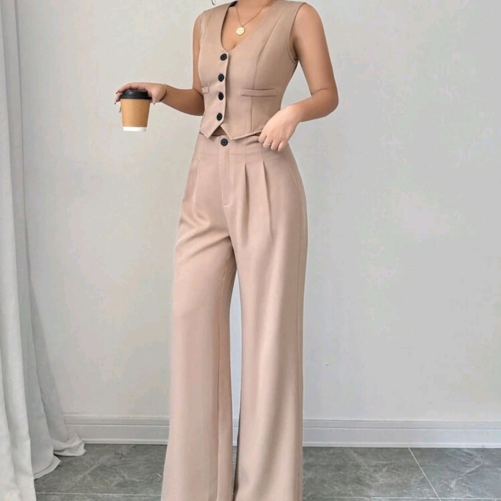 Women's Button-Up Sleeveless Blazer Top And Straight Leg Casual Pants Set - Picture 4 of 6